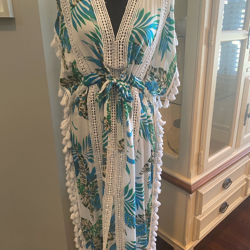 Blue Island Tropical Leaf Print Swim Coverup with Tassels